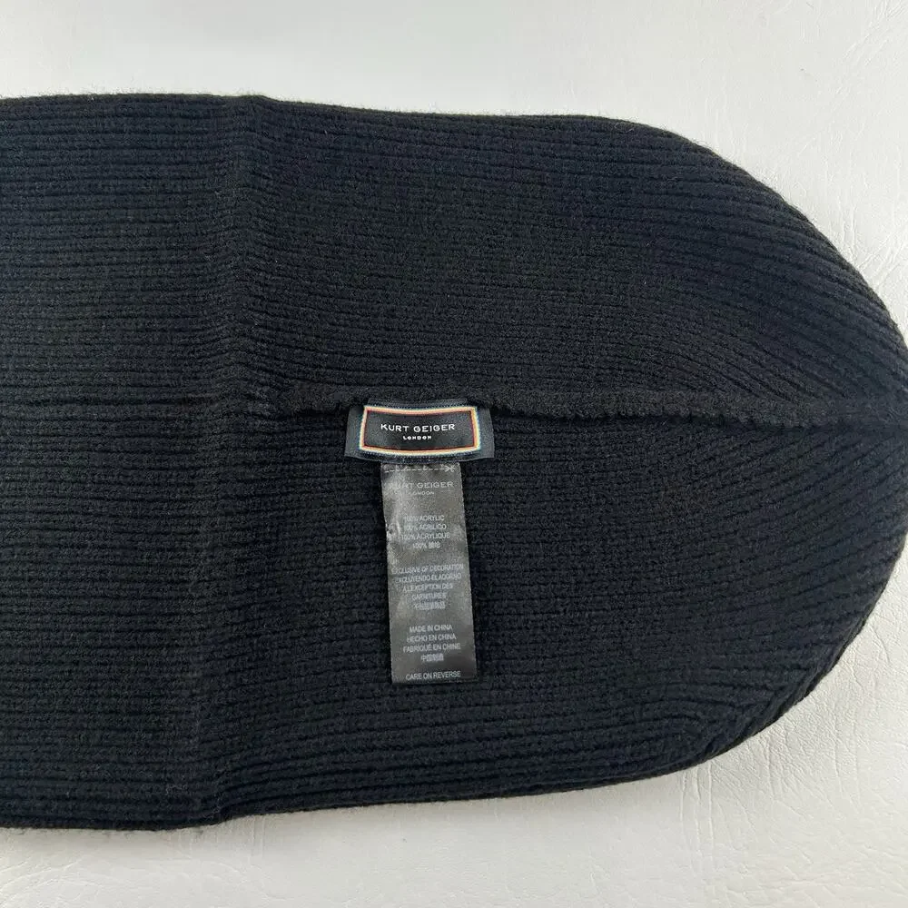 Kurt Geiger London Black Ribbed Knit Beanie Multicolor Logo Patch Cuffed Hat